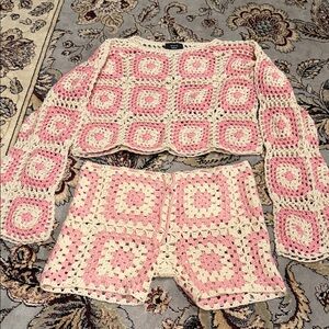 Vici Pink and Cream Crochet Two-Piece Set